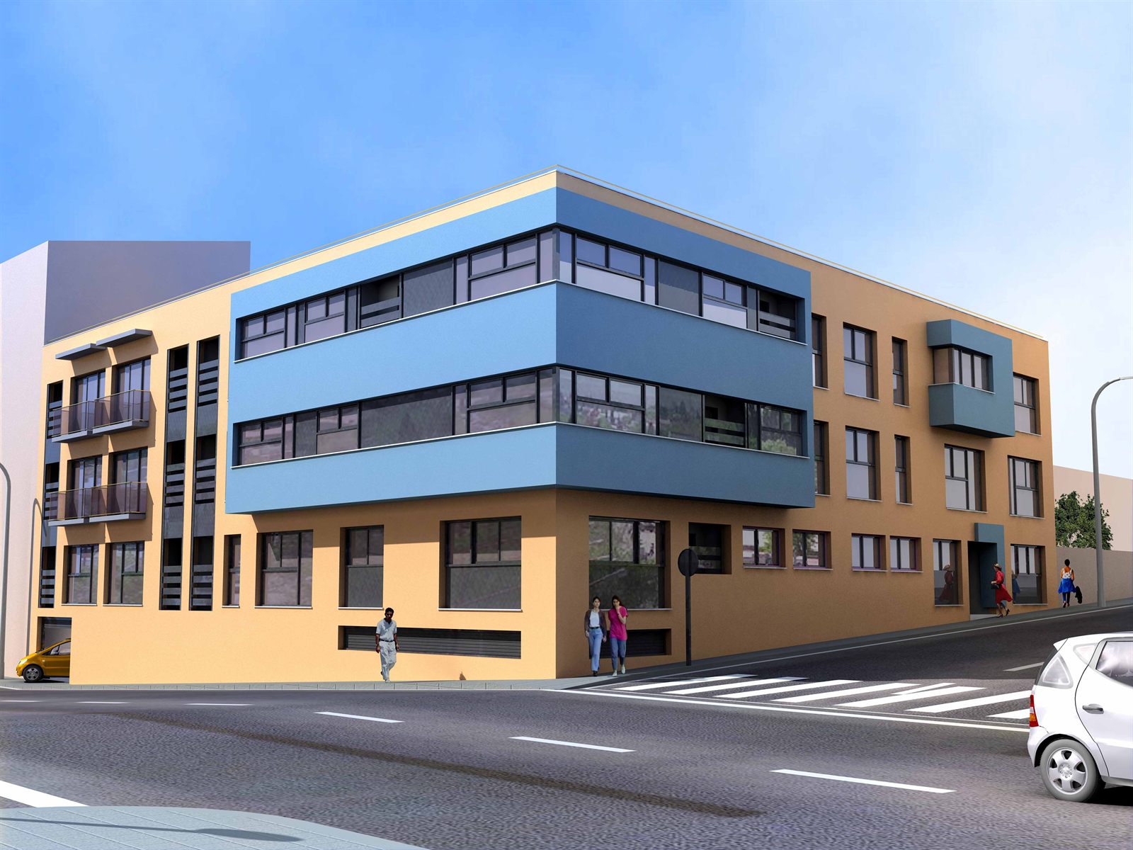 Infografía de edificio de viviendas en esquina con áticos retranqueados, Benissanó