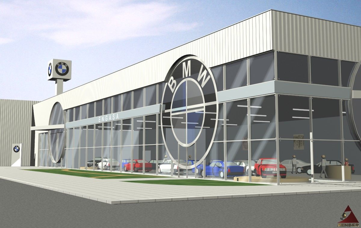 Infografía del concesionario BMW, nave acristalada de cubierta radial
