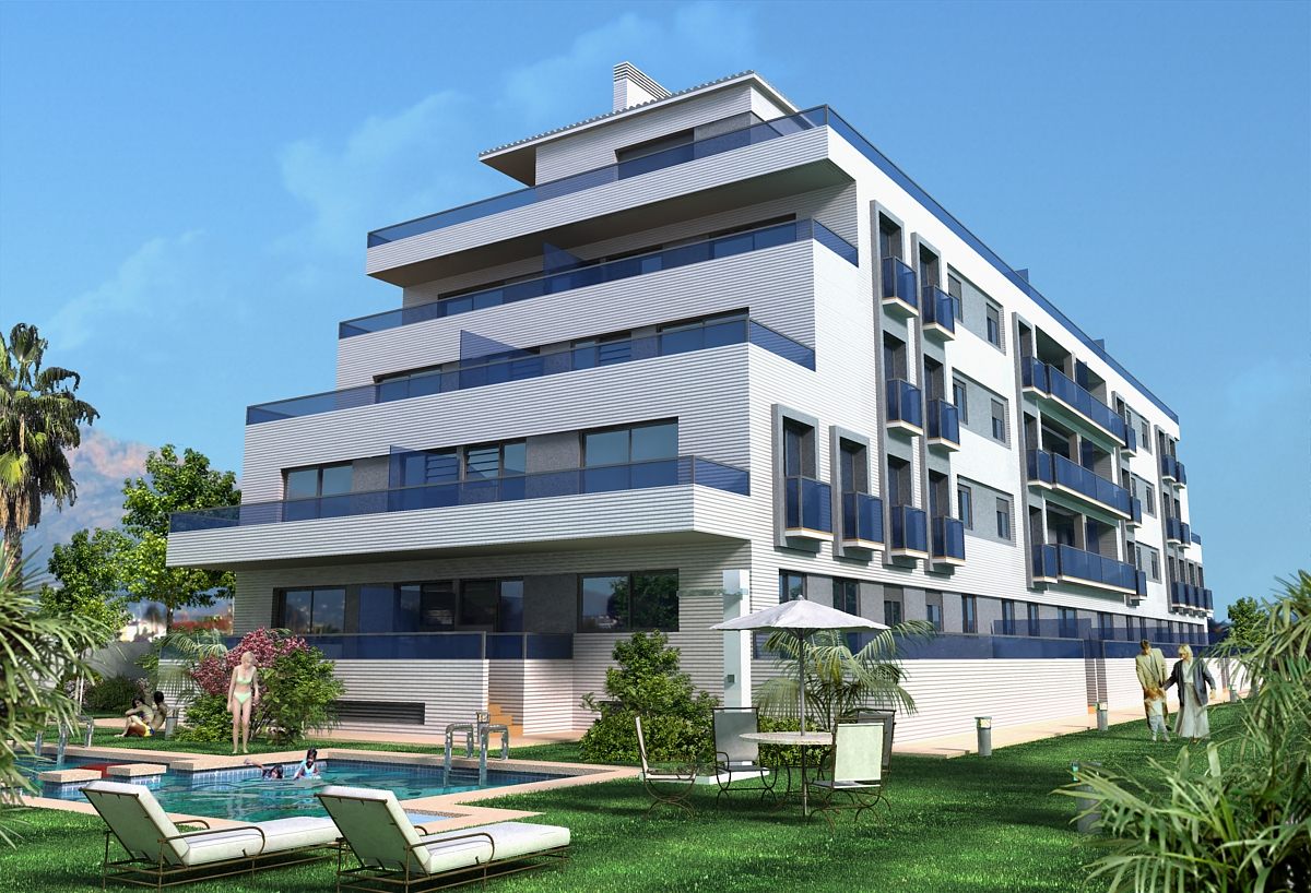 Infografía de edificio residencial con terrazas escalonadas en Dénia