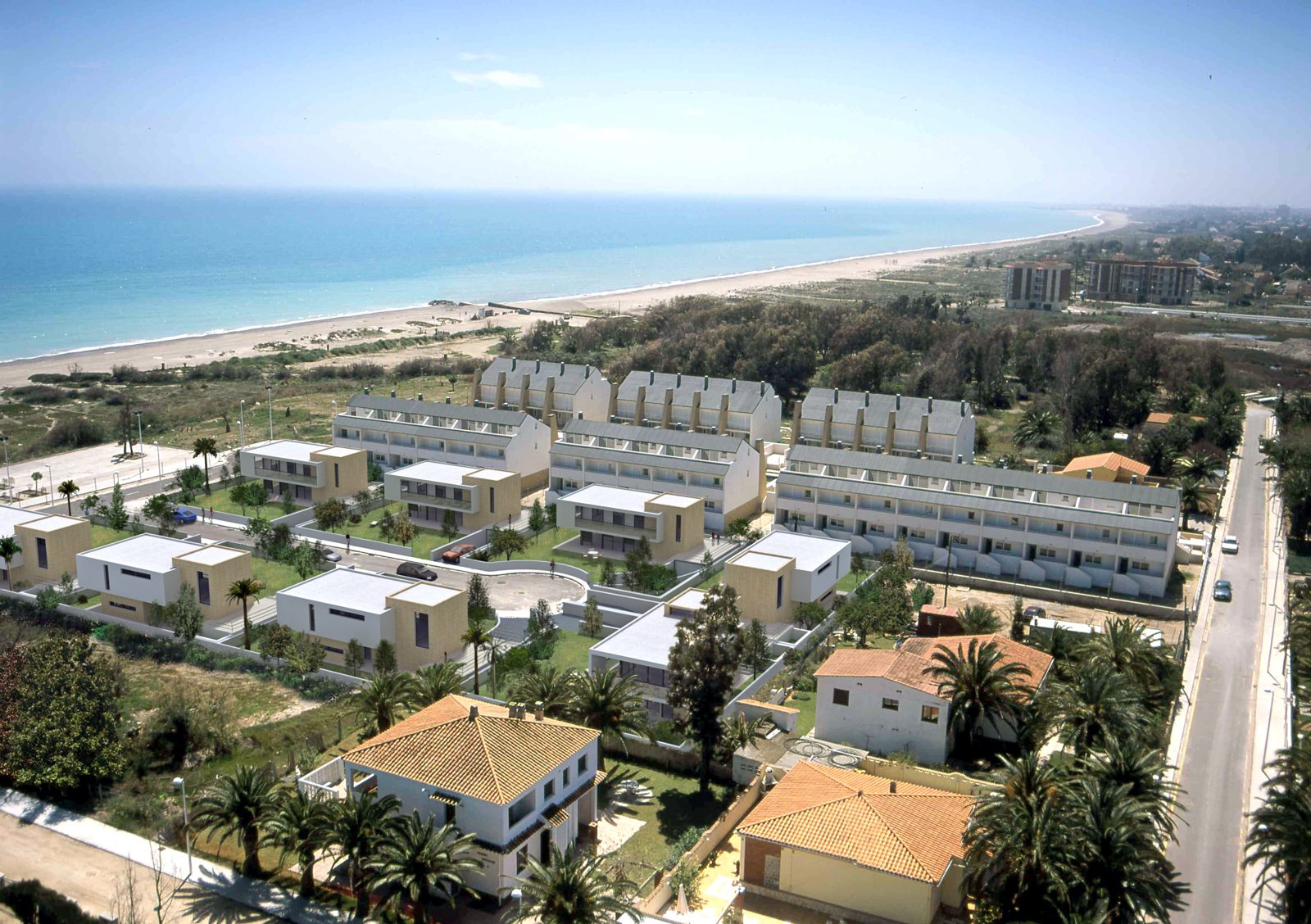 Fotomontaje aéreo del residencial Malvasur junto al mar, Sagunt