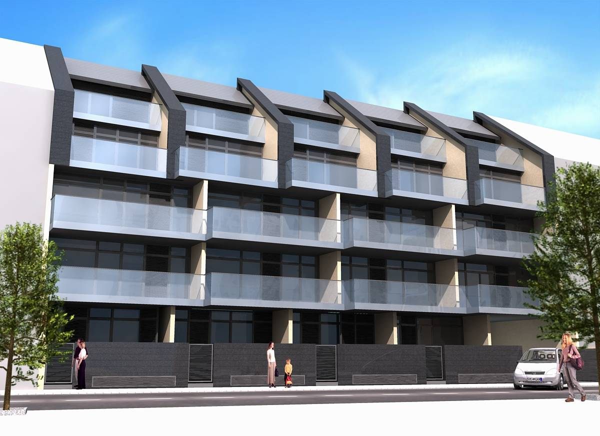 Infografía del edificio residencial Mirablau con balcones corridos de vidrio